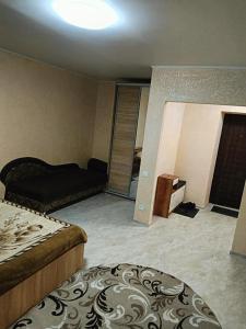 1 комнатные апартаменты في Pavlohrad: غرفة نوم بها سرير وأريكة في الغرفة