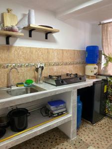 a kitchen with a sink and a stove at Posada Los Olivos in Baños +27 photos