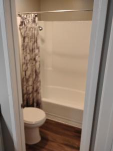 a bathroom with a toilet and a shower curtain at Cozy 2bdr Beach home in Huntington Beach