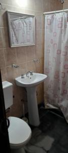 un bagno con lavandino, WC e tenda da doccia di Ensueños del mar a Las Toninas