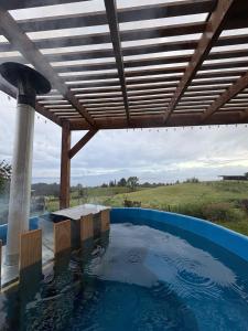 拉戈朗科Cabañas Las Terrazas De Iculpe的一座带木屋顶的房子中的游泳池