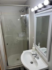 un bagno con doccia, lavandino e specchio di Cozy Escape in the City a Port Coquitlam Altre 5 foto