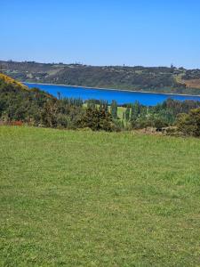 San JoséWaiwén Casa Chilota的绿色的田野,有湖泊背景