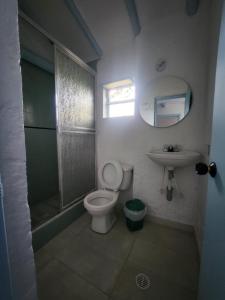 莱瓦镇Hotel Posada Santa María Villa de Leyva的浴室里有马桶、洗手池和镜子。