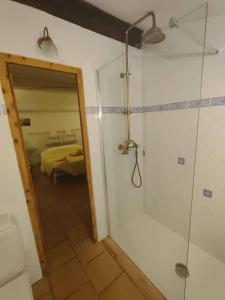 ein Bad mit einer Dusche und ein Schlafzimmer mit einem Bett in der Unterkunft La Thébaïde in Saint-Marc-Jaumegarde