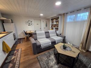 ein Wohnzimmer mit Sofa und Tisch in der Unterkunft Appartement 2 pièces près du lac de Bouzey in Sanchey