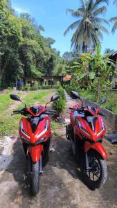 zwei rote Motorräder nebeneinander geparkt in der Unterkunft Baan Boy in Ko Kood