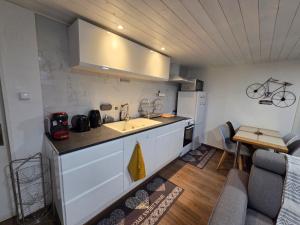 eine kleine Küche mit Spüle und Kühlschrank in der Unterkunft Appartement 2 pièces près du lac de Bouzey in Sanchey