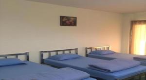 um quarto com 3 camas com almofadas azuis em V.R.Mansion Hotel em Phatthalung mais 51 fotografias