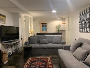a living room with a couch and a flat screen tv at Peppertree Cottage in a beautiful Rural Setting in Mintaro