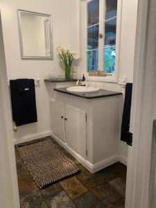 a white bathroom with a sink and a window at Peppertree Cottage in a beautiful Rural Setting in Mintaro