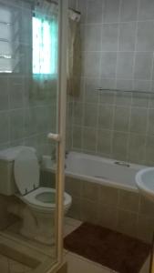 a bathroom with a toilet and a tub and a sink at Flamboyant Apartments in St Lucia