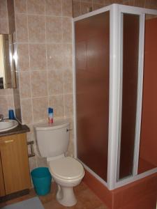 a bathroom with a toilet and a shower stall at Blue Horizon Flat 8 in Jeffreys Bay