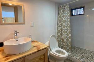 un bagno con lavandino, WC e doccia di BosqueCielo Cabañas Diseño Natural Arte Galeria a Huasca de Ocampo