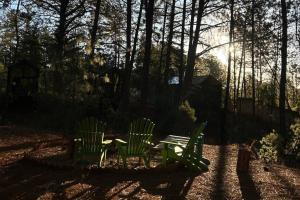 two green chairs and a table in a yard at BosqueCielo Cabañas Diseño Natural Arte Galeria in Huasca de Ocampo