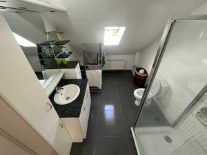 a bathroom with a sink and a shower at Vakantiewoning Verdre met geweldig uitzicht in Saint-Vith +6 photos