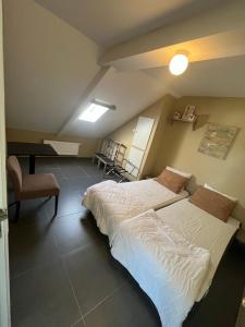 a bedroom with two beds and a desk in it at Vakantiewoning Verdre met geweldig uitzicht in Saint-Vith