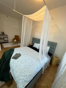 布尔诺Lounge Piano Apartment的一间卧室，里面有一张带帷幔的床