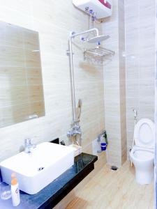 ein Badezimmer mit einem weißen Waschbecken und einer Toilette in der Unterkunft The Gold House Tam Đảo in Tam Ðảo