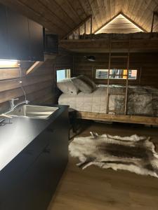 a kitchen with a sink and a bed in a room at Arctic circle cabin 2 in Rovaniemi