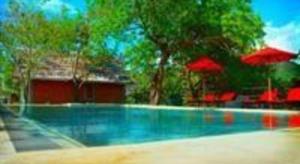 KiralagollaElephant Stables Dambulla的一个带红色遮阳伞的游泳池和一座建筑 更多11张照片