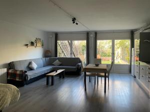 科尔努德利亚Apartament Cornudella的客厅里有一张沙发和一张桌子。