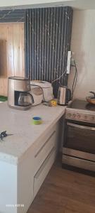 eine Küche mit Herd und Arbeitsplatte in der Unterkunft Zebra Guest House in Ulaanbaatar + 15 Fotos