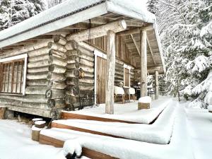 Iken Mökit في هينولا: كابينة خشبية مع ثلج على الشرفة