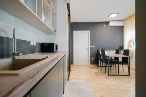 NAR Royalton Deluxe Apartment #74 في نيشْ: مطبخ مع حوض وطاولة وكراسي