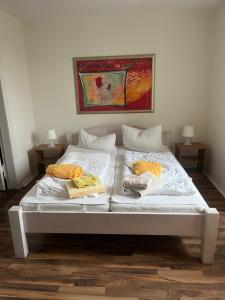 奥斯特西巴德钦诺维茨Ferienwohnung Julia的一张有两条毯子和枕头的床