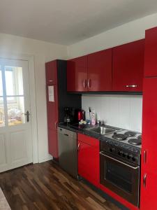 奥斯特西巴德钦诺维茨Ferienwohnung Julia的一间带红色橱柜和炉灶的厨房