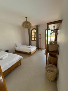 a bedroom with two beds and a mirror at Riad TAWALA Surfing Mind in Tamraght Ouzdar