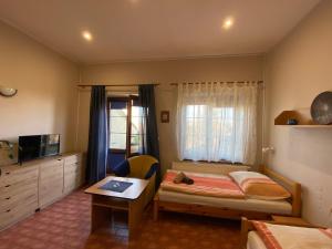 a bedroom with a bed and a desk and a television at Penzion Na Hradbách in Louny