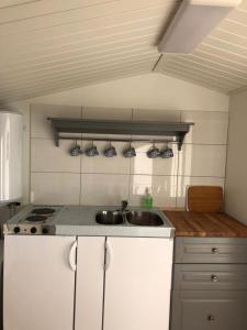 a kitchen with a sink and a stove at Unique Mongolian Yurt near lake together with guest house in Hjo +21 photos