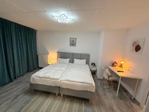 ein Schlafzimmer mit einem Bett und einem Schreibtisch darin in der Unterkunft Apartment Döbeln Centrum in Döbeln