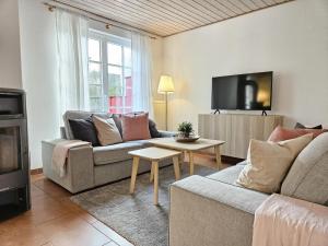 特希尔Skipper Asterix Greetsiel für max. 4 Personen - Haustiere herzlich willkommen, direkt am Hafen的有两张沙发和一台电视的客厅