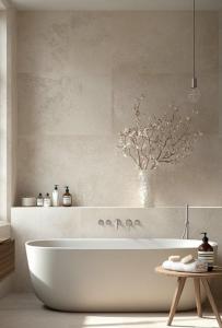 a white tub in a bathroom with a vase of flowers at Le domaine aux herbes folles in Stigny