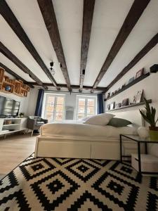 ストラスブールにあるCentral & Cosy Apartment Strasbourg City Centerのベッドルーム(大きな白いベッド1台、ラグ付)
