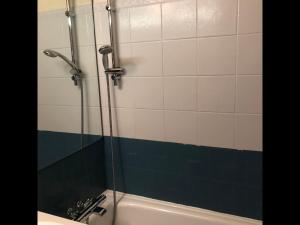 a bathroom with a shower with a tub and a sink at Le Balcon d'Ancelle - Appt vue montagne in Ancelle +4 photos