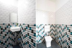 Duas fotografias de uma casa de banho com um lavatório e um WC. em Collection O Hingna City Court Nagpur Formerly Hotel Dream Inn em Khāpri