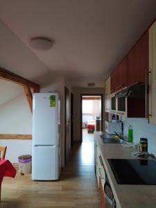 a kitchen with a white refrigerator and a wooden floor at Apartmány MARTIN SARVAŠ 5 in Tachov