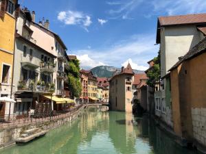 Blick auf einen Fluss in einer Stadt mit Gebäuden in der Unterkunft Belledonne Business & Lodge in La Terrasse