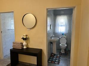 ein Badezimmer mit Toilette, Waschbecken und Spiegel in der Unterkunft Hatfield Staylax Manor 4 in Harare + 47 Fotos
