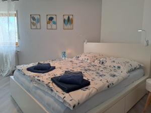 GaßFerienwohnung Kleine Auszeit im Hunsrück的一间卧室配有一张带蓝色毛巾的床