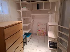 GaßFerienwohnung Kleine Auszeit im Hunsrück的配有白色橱柜和书架的步入式衣柜