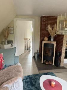 un soggiorno con divano e camino di Golfhues-Simone-Ferienwohnung-Suedbalkon a Wulfen auf Fehmarn