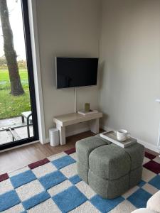 un soggiorno con sedia e TV di Tiny forest house met vrij uitzicht a Putten