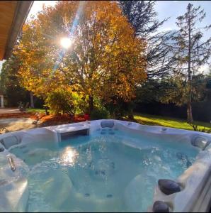 ein Whirlpool in einem Hof mit einem Baum in der Unterkunft Maison d'hôtes Ma Parenthèse in Saint-Christo-en-Jarez + 3 Fotos