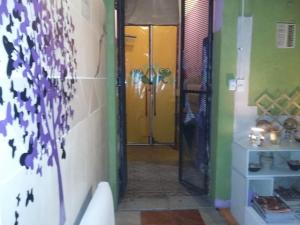 a bathroom with a shower with a mirror and a door at Hospedaje La Rana in Buenos Aires +37 photos