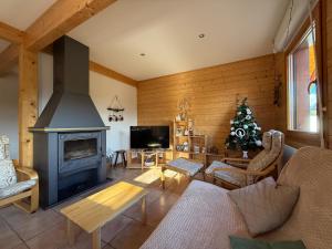 Le Chalet des Vanneaux في كسونبورت-لونجمير: غرفة معيشة مع موقد وشجرة عيد الميلاد